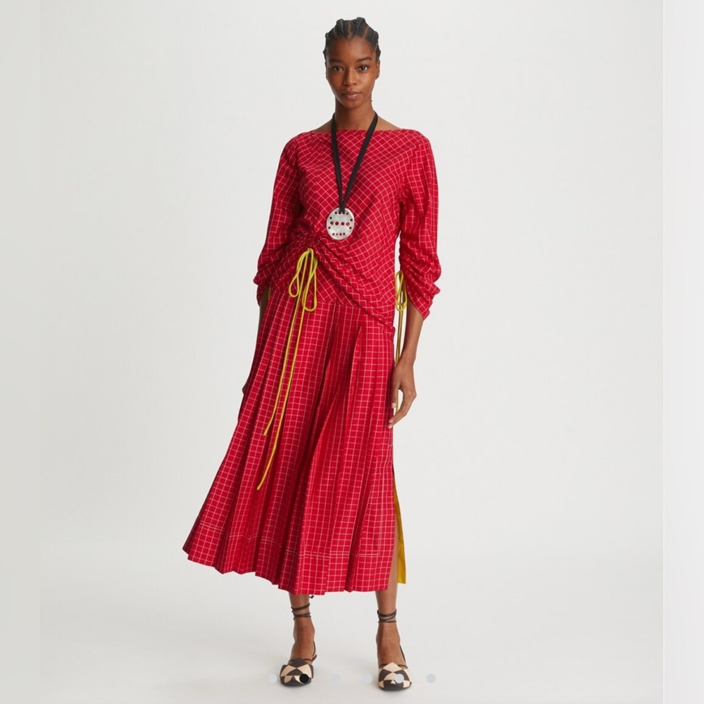 Tory Burch Red Checked A-Line Skirt with Yellow Accents